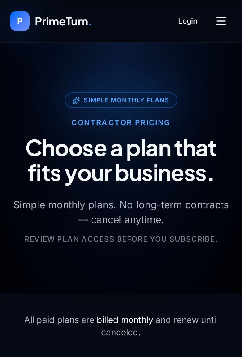 PrimeTurn contractor plans page on a phone