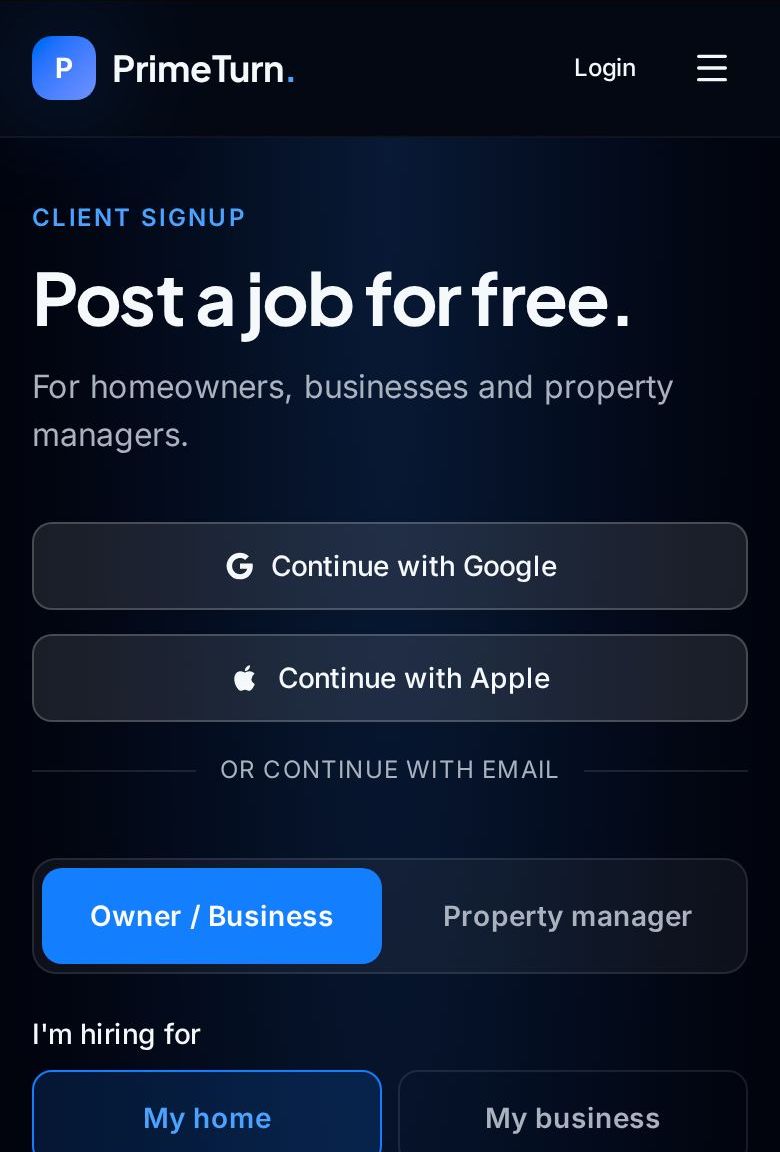 PrimeTurn Post a job for free signup screen on a phone