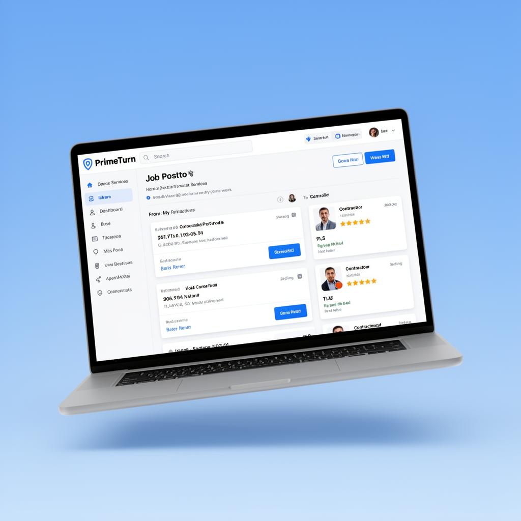 PrimeTurn web dashboard showing job postings, contractor bids, and verified pro profiles