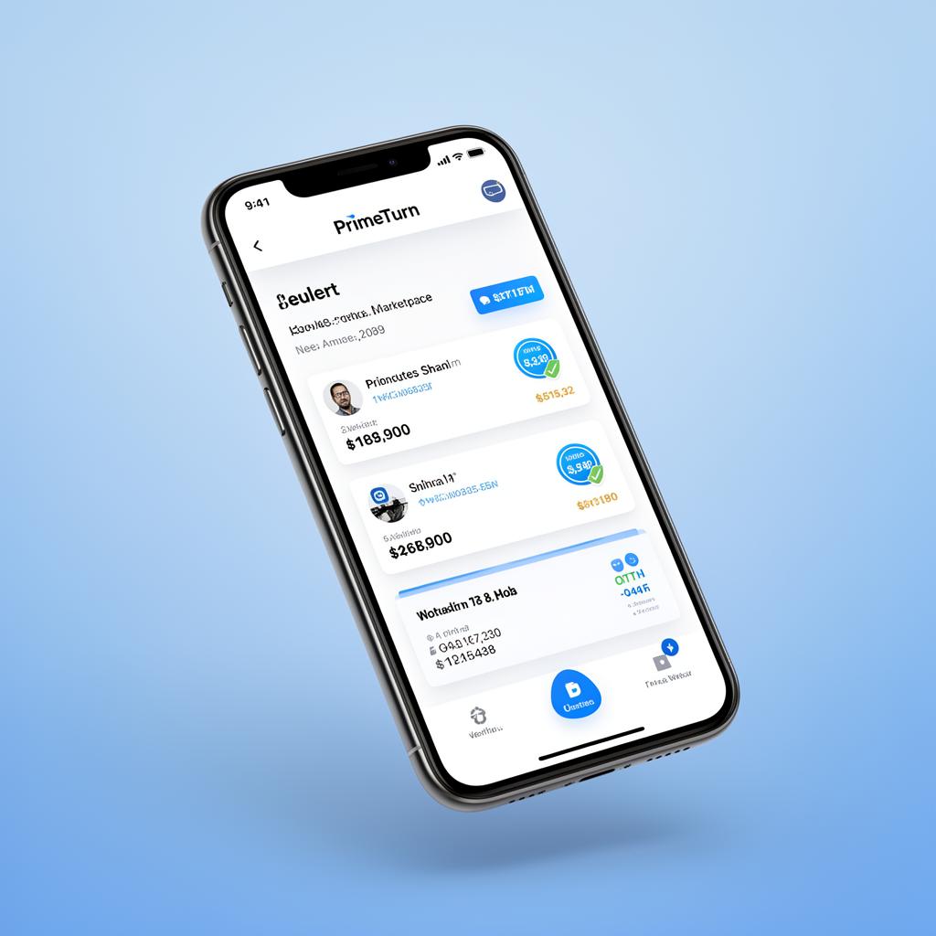 PrimeTurn mobile app showing job feed and contractor cards